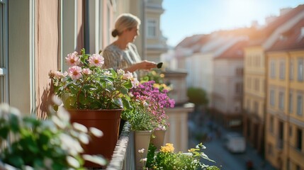 Spring balcony of a downtown tenement house decorated with flowers and potted plants
