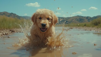 A joyful golden retriever puppy runs through a shallow puddle, splashing water into the air on a sunny day with rolling hills in the background.