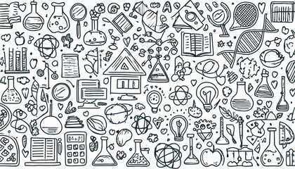 Doodle science, education school icon. Hand drawn sketch style doodle science background. School chemistry, physics education, biology concept icon. Hand drawn line perfect any project.
