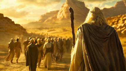 Moses leading the great nation escaping from Egyptian slavery, the chosen people on their way to the Promised Land, according to God's word, a biblical event.