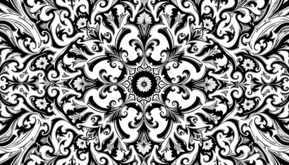 Obraz premium Elegant black and white floral arabesque pattern with swirling vines and blossoms