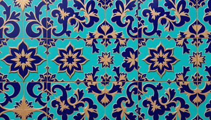 Close-up view of glossy ceramic Moorish wall tiles featuring cobalt blue and turquoise hues