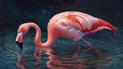 A pink flamingo wades in the water, its head submerged and legs extending beneath the surface