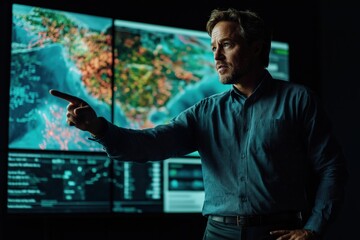 Confident weather presenter explaining forecast with animated maps on a digital screen