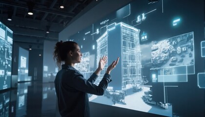 Obraz premium A female architect interacts with a large-scale holographic projection of a modern building under construction inside a classical architectural structure.