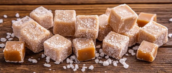 Salted Caramel Candy Cubes on Wooden Background