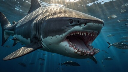 Fototapeta premium Powerful Shark Swimming Freely in the Deep Blue Ocean Waters 