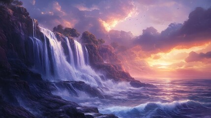 Fototapeta premium Majestic Waterfall Sunset Seascape: A Dreamlike Coastal Paradise