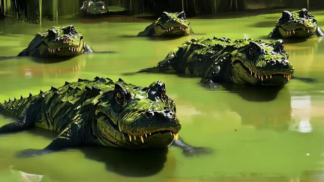 Large alligators resting in a green swamp during a sunny day in a natural habitat