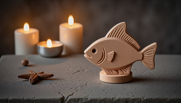 Minimalistic hand-carved Ichthys fish symbol on a stone surface with candlelight