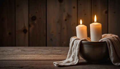 Rustic metal basin with soft linen towel and warm candles, creating a serene atmosphere for Maundy Thursday