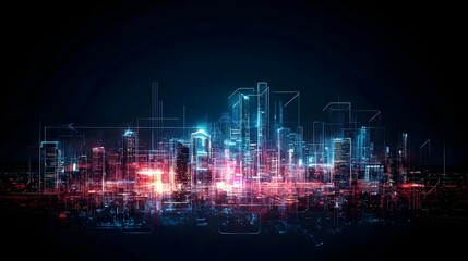 Naklejka premium Futuristic City Nightscape Glowing with Vibrant Neon Lights