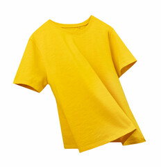Yellow t-shirt single object isolated on white, tshirt flying.Nobody.Summer fashion.