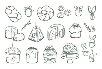 Hand drawn Easter cakes set. Traditional orthodox paska, kulich, tsoureki, hot cross buns, eggs and decorations