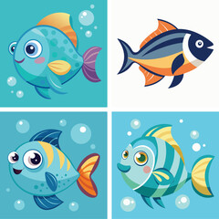 cute sea fish set, freshwater aquarium cartoon fish for print, children development, Varieties of decorative colored fish