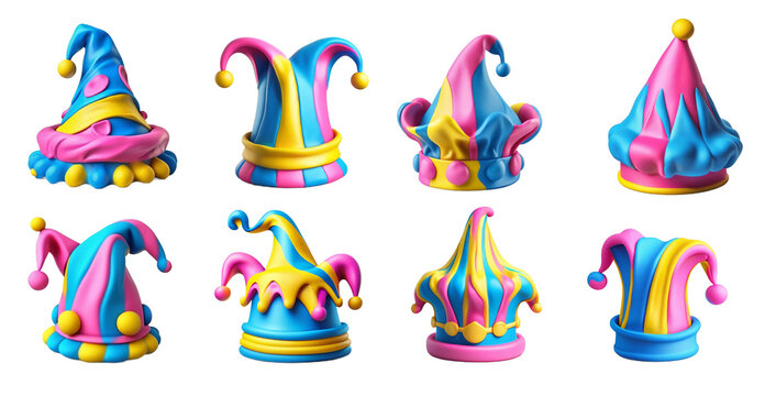 Collection of bright colorful jester hats with bells arranged in two rows on a white isolated background, cartoon style
