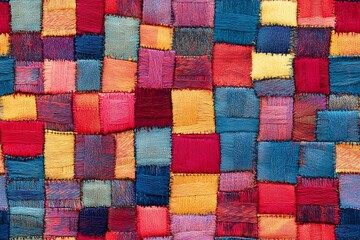 A seamless pattern of colorful fabric squares arranged in an intricate geometric design