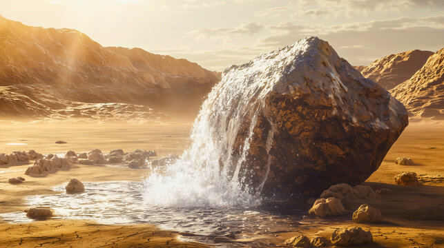 A great divine miracle when water flowed from the rock after God commanded Moses to strike the rock with his staff, and then water poured out from the rock, a biblical miracle.