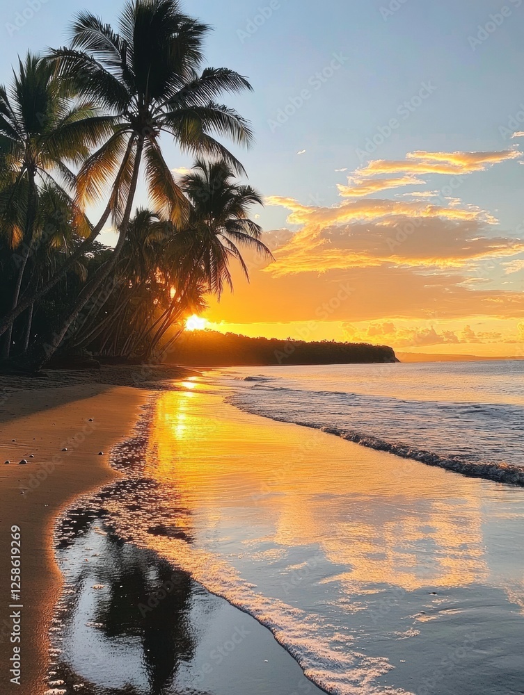 Fototapete sunset over calm beach with palm trees reflecting on water in serene tropical location. generative a