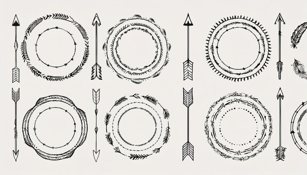 Boho arrow circle frame set. Hand drawn doodle african, aztec rustic ethnic arrow border, ornament circle frame. Tribal boho decor design. perfect any project.