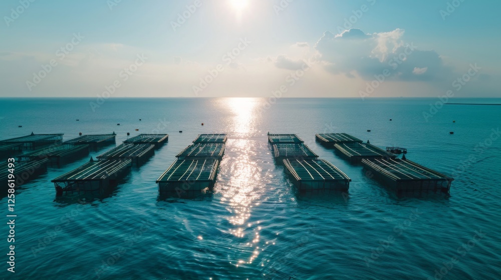 Poster floating platforms rest quietly on the ocean surface as the sun rises, casting a golden glow over th