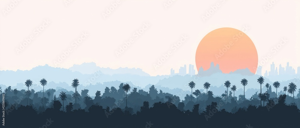 Canvas Prints Silhouette Cityscape at Sunset with Palm Trees and Misty Mountains