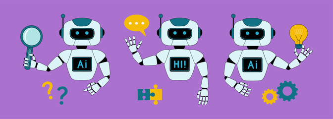 Set of cute ai chat bot characters. Virtual dialogue with robot assistant. Artificial intelligence helps with various tasks. Vector illustration isolated on purple background, flat cartoon style.