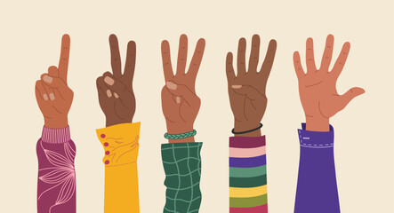 Human hands different races, showing fingers to count from one to five. Hand drawn vector illustration isolated on light background, modern flat cartoon style.