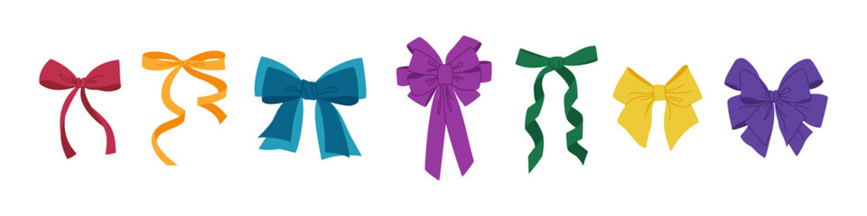 Set of colorful ribbon bows. Festive decorative element. Hand drawn vector illustration isolated on white background, modern flat cartoon style. © Olena