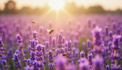 Bees hovering over lavender flowers at sunset, beauty of nature