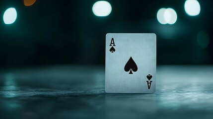 Ace of Spades Playing Card on Dark Reflective Surface with Bokeh Lights