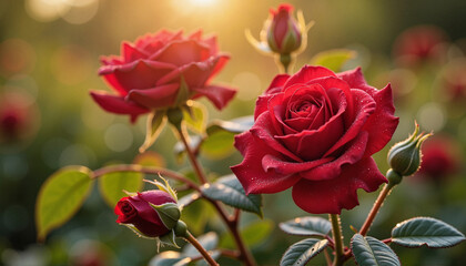 Blooming red roses with morning dew in sunlight, timeless beauty