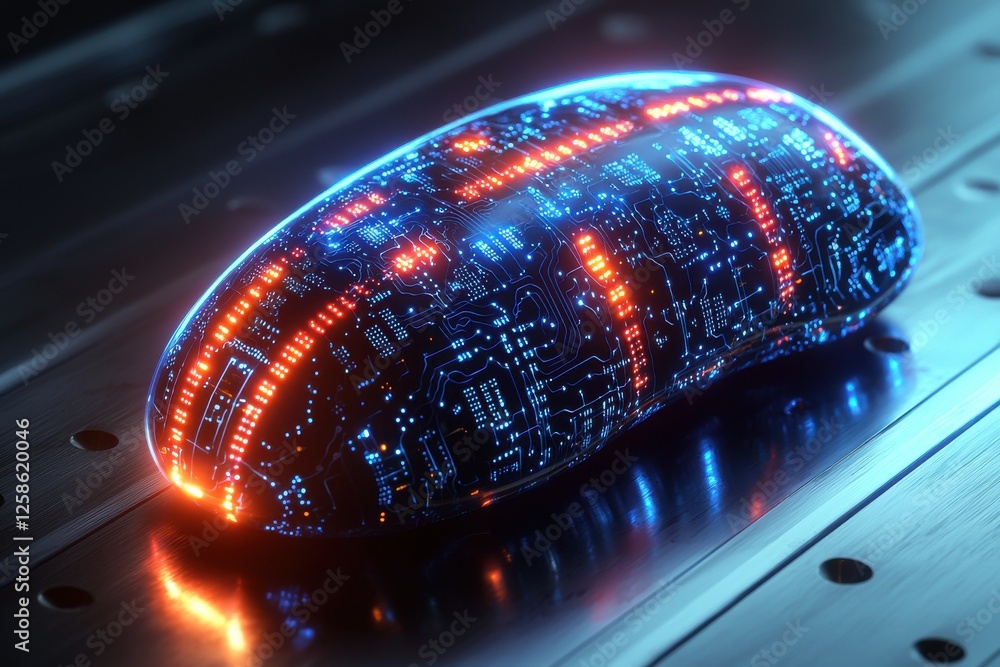 Poster futuristic technology concept with glowing circuit board pattern object on a metal surface.