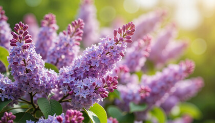 Obraz premium Vibrant lilac bush blooming in spring sunlight, floral tranquility