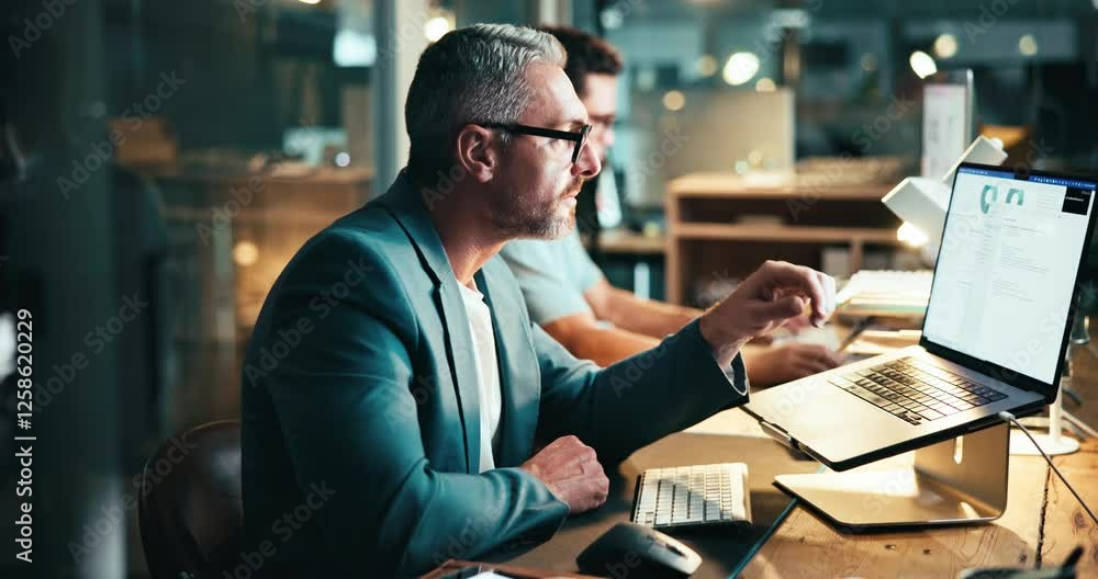 Aufkleber night, thinking and business man on laptop, problem solving and cryptocurrency advisor reading data 