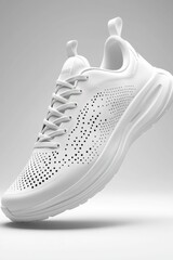Fototapeta premium A polished white sneaker with understated perforations and smooth leather, shown on a crisp, minimal studio white background.