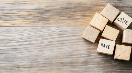 Fototapeta premium Natural wooden blocks arranged to display love and hate, illustrating the balance between positive and negative feelings on a rustic wooden background with copy space