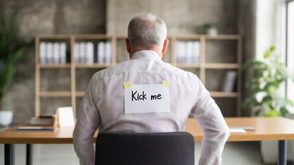 Senior manager sitting obliviously at desk, wearing unexpected kick me sign placed surreptitiously by smirking workplace colleagues during lighthearted office prank