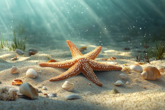 Orange starfish and seashells on sandy seabed in sunlit underwater scene, creating peaceful marine atmosphere. - Powered by Adobe