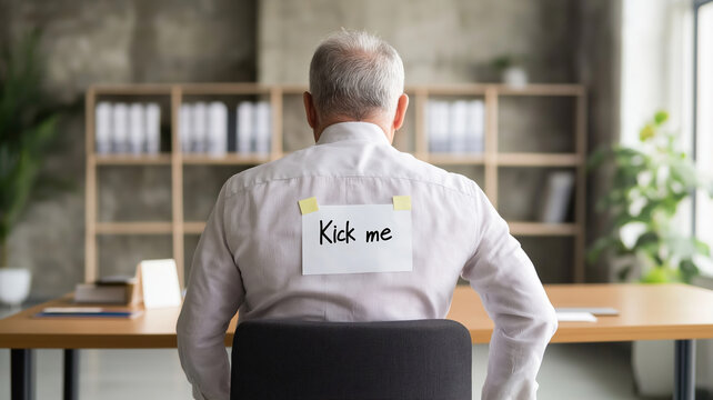 Senior manager sitting obliviously at desk, wearing unexpected kick me sign placed surreptitiously by smirking workplace colleagues during lighthearted office prank