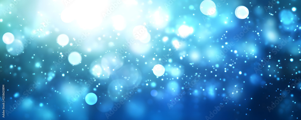 Poster abstract blue bokeh background with sparkling lights and glowing particles