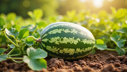 Obraz premium Ripe watermelon resting on green vine in sunlight, summer freshness, Seasonal produce picking, Watermelon on a Vine