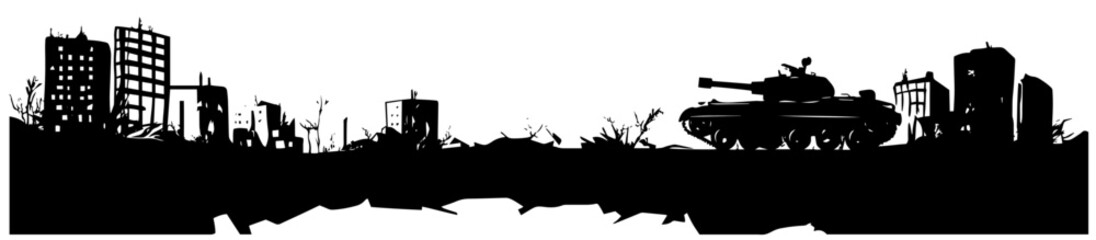 battle tank in destroyed city silhouette black vector illustration