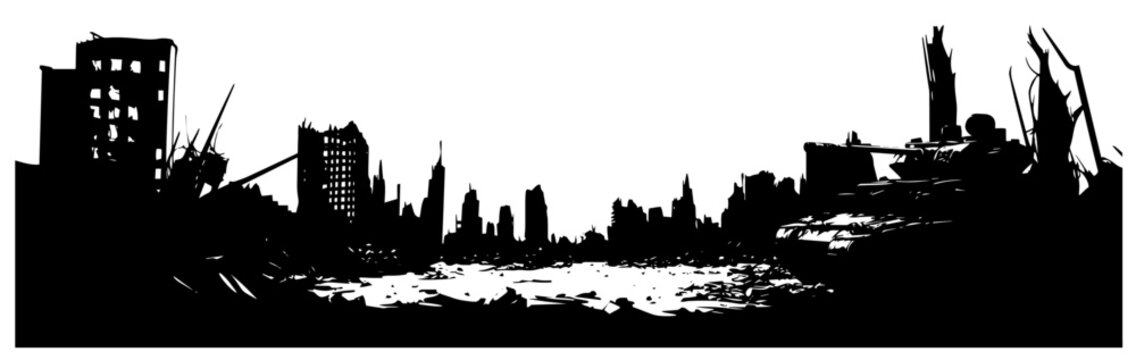 post-apocalyptic destroyed cityscape black vector illustration