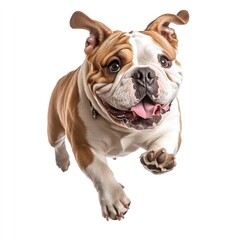 Fototapeta premium Happy Bulldog Puppy Running Joyful Dog Breed Pet Animal White Background Energetic Playful Canine Friendly Adorable Sweet Domestic Animal fun cute 
