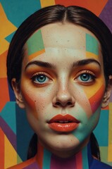 Vibrant face art with geometric patterns on a model against a colorful background