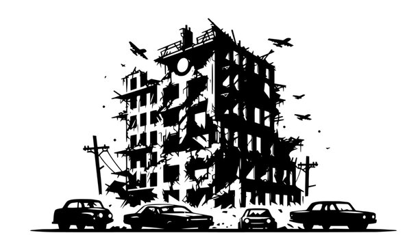 war-torn city building with destroyed facade black vector illustration