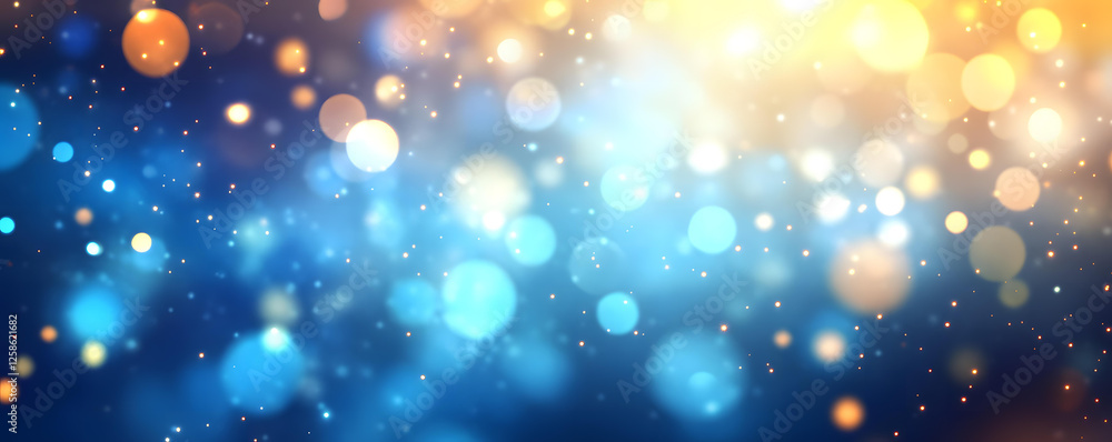 Poster abstract blue and gold bokeh background with sparkling lights and glowing particles