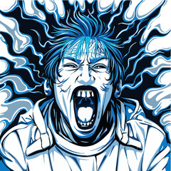 an illustration of a man with a blue hair and a white shirt with a blue flame coming out of his face