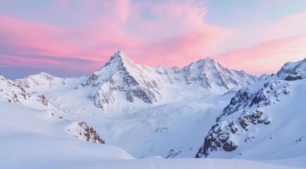 Fototapeta premium Serene snow-covered peaks at winter sunset, tranquil beauty